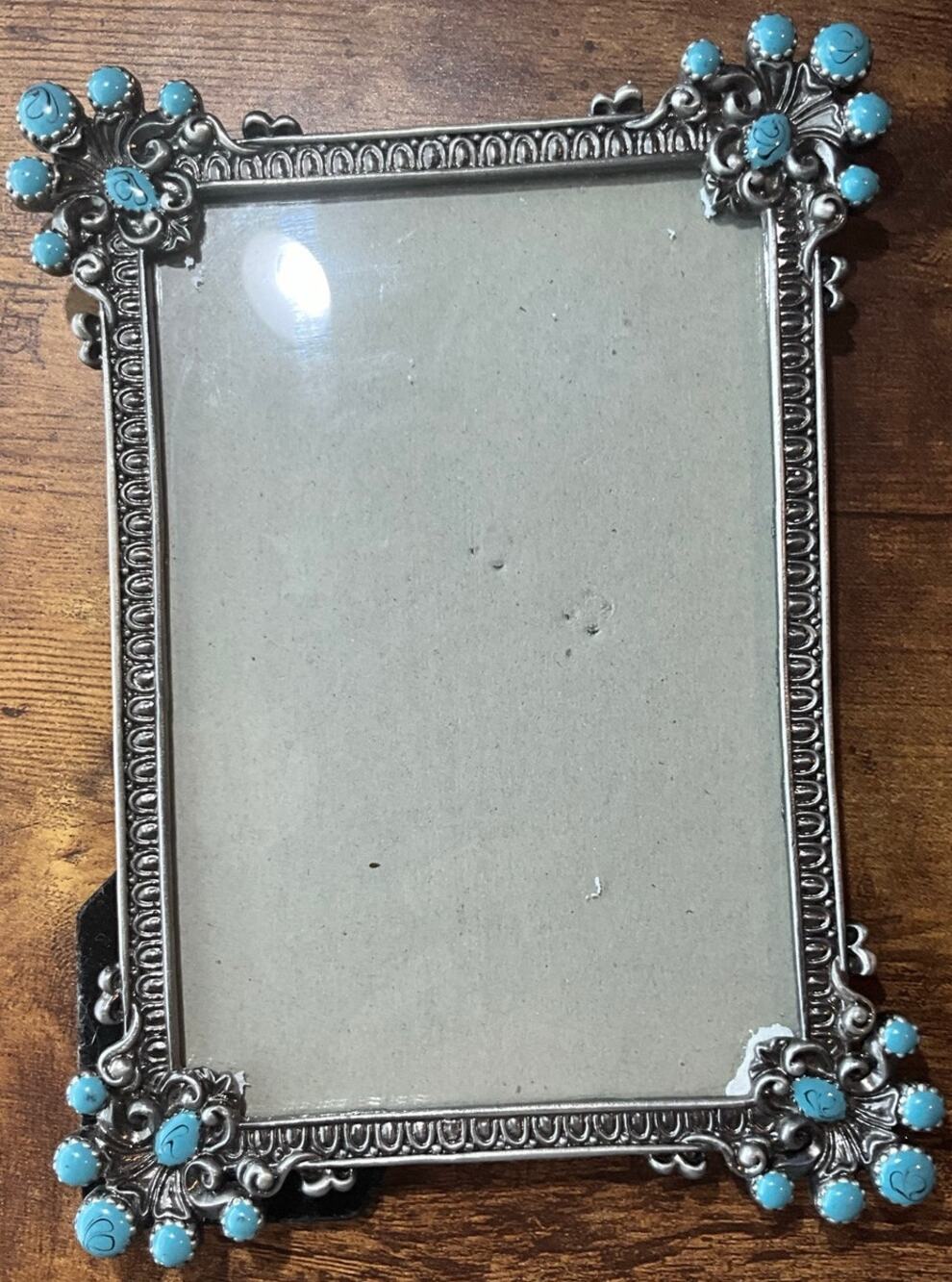 Photo Frame Silver Pewter Rectangle Turquoise Corners Accents Stand Up Easel 4X6